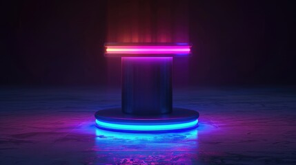 A glowing blue and pink neon pedestal on a reflective surface. AIG51A.