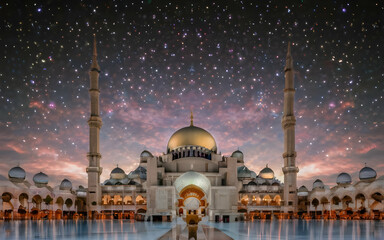 Fototapeta premium view of the mosque with a beautiful galaxy sky background