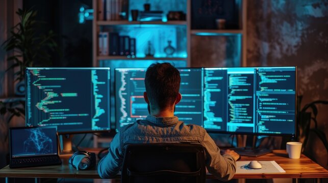 A software developer works on code late into the night, illuminated by the glow of multiple computer screens in a modern office. AIG41