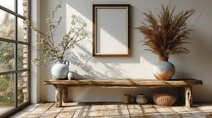 White blank mock-up frame, jug, and vase with twigs on the old wooden floor against a white wall. Farmhouse interior background design of modern living room, home