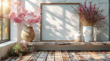 White blank mock-up frame, jug, and vase with twigs on the old wooden floor against a white wall. Farmhouse interior background design of modern living room, home