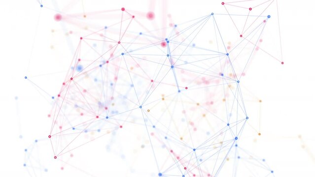 Multi color network animation connected dots on white background. 4k seamless loop animation
