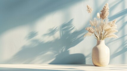 Vase with dried pampas grass casting shadows on blue wall