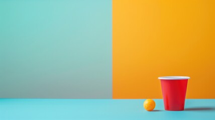 Red cup with small ball on bi-colored background