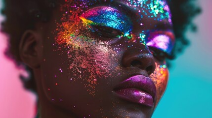 Beautiful black african american queer drag queen wearing glitter makeup face paint in a gay city nightclub - obrazy, fototapety, plakaty