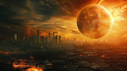 Apocalyptic cityscape with large planet looming over fiery ruins under dramatic sky