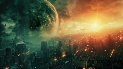 Futuristic cityscape with large planet and sun, evoking apocalyptic sci-fi