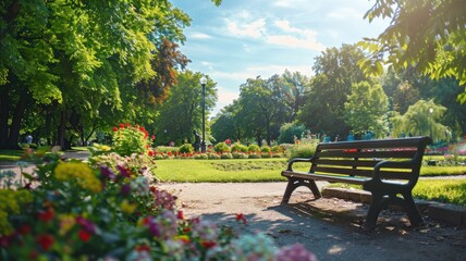 Sunny park scene with colorful flowers and empty bench