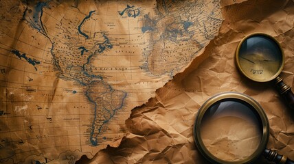 Antique-styled world map with magnifying glasses