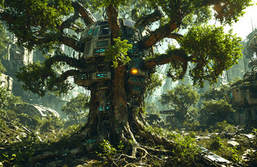 Fototapeta premium Futuristic Treehouse Village Nestled in an Overgrown Forest
