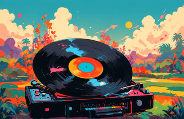 A animated record player sits on a grassy field with a colorful background