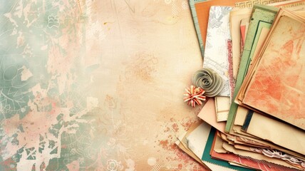 Vintage paper and envelopes with floral designs on old textured background