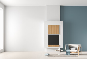 Empty wall mock up in Scandinavian interior with fireplace. Minimalist interior design. 3D illustration.