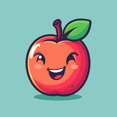 A cartoon peach with a leaf on top. The peach is smiling and has blue eyes. Scene is cheerful and lighthearted