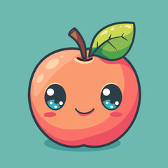 Obraz premium A cartoon peach with a leaf on top. The peach is smiling and has blue eyes. Scene is cheerful and lighthearted