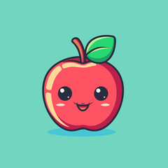 A cartoon red apple with a green leaf on top. The apple is smiling and has a happy expression