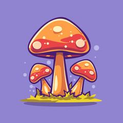 Three mushrooms are standing next to each other on a grassy field. The mushrooms are orange and appear to be glowing. The scene is peaceful and serene