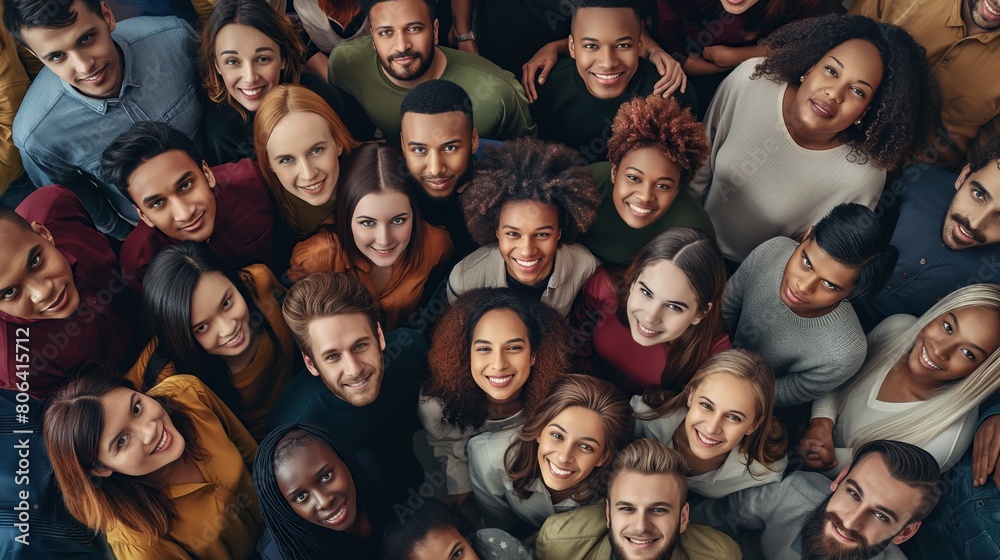 Wall mural from directly above multi ethnic large group of people looking at camera. concept of teamwork, democ