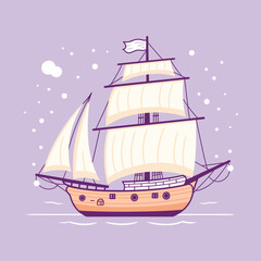 Sailing ship purple background, large sails, historical vessel. Nautical adventure, ocean exploration, tall ship illustration. Oldfashioned sailboat, maritime travel, sea journey graphic