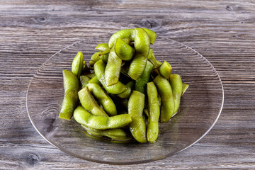 Edamame snack in a glass dish