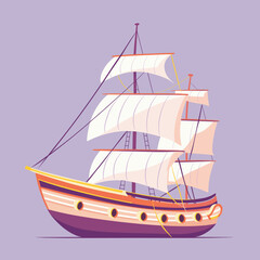 Classic tall ship vector illustration, purple background. Sailing vessel multiple sails set voyage, sea adventure concept. Wooden sailing ship, historical transportation, nautical theme