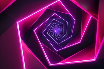 Graphic design art of abstract illusion of spiral with geometric shapes of pink and violet neon lines