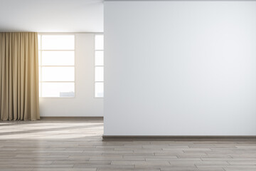 Modern white concrete interior with city view, sunlight and mockup place on blank wall. Mock up, 3D Rendering.