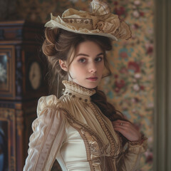 Elegant Victorian Lady in Historical Costume Posing in Vintage Interior