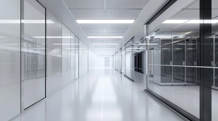 Fototapeta premium 3D rendering of a modern server room with white walls and glass fronted cabinets containing high-performance computer workframes.