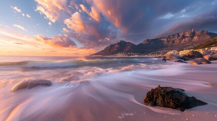 Cape Town Sunset over Camps Bay Beach with Table Mountain and Twelve Apostles in the Background
