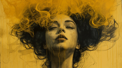 Fototapeta premium A black and yellow drawing of smoke with a beautiful woman's face art