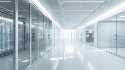 Fototapeta premium 3D rendering of a modern server room with white walls and glass fronted cabinets containing high-performance computer workframes.