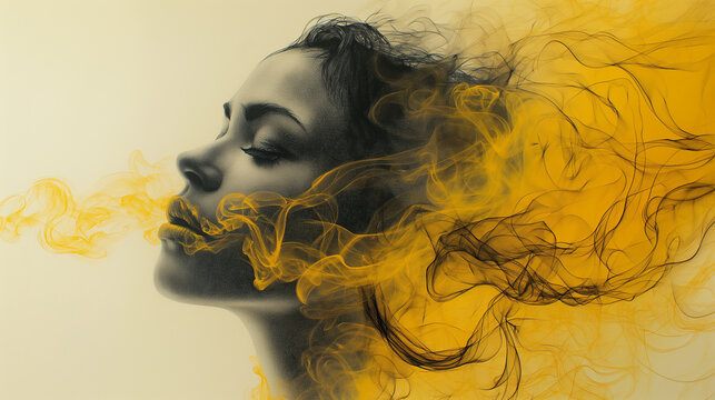A black and yellow drawing of smoke with a beautiful woman's face art