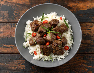 Garlic butter beef steak bites with rice