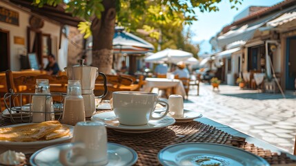 Coffee and food on a table for lunch in an outdoor cafe in a typical Greek traditional town in...