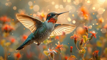 A breathtaking image of a hummingbird gliding mid-flight among radiant orange flowers, illuminated by golden sunlight and sparkling droplets. - Powered by Adobe
