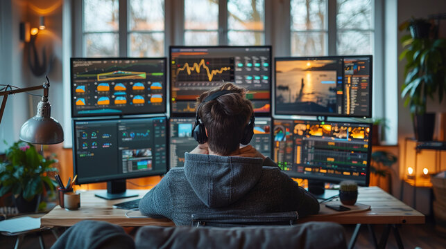 A man wearing headphones is sitting in front of multiple computer monitors. professional financial trader intensely monitors diverse data across multiple screens in a well-equipped home office.