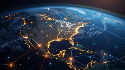 Global network of communication lines connecting North America, South America and Europe on Earth's surface against a dark background