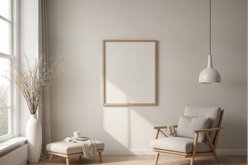 Poster frame mock-up in home interior background, living room in beige and brown colors,3d render