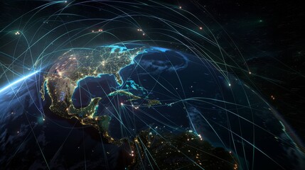 Global network of communication lines connecting North America, South America and Europe on Earth's surface against a dark background