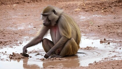 a-baboon-using-its-hands-to-sift-through-mud-for-t- 2 - obrazy, fototapety, plakaty
