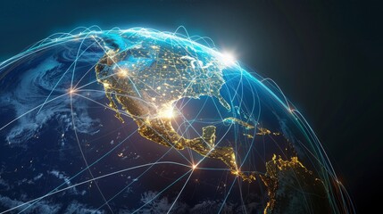 Global network of communication lines connecting North America, South America and Europe on Earth's surface against a dark background