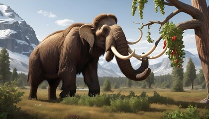 A Mammoth Using Its Trunk To Pick Berries From A B - obrazy, fototapety, plakaty