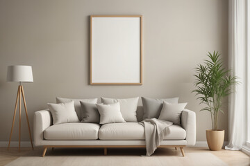 Fototapeta premium Poster frame mock-up in home interior background, living room in beige and brown colors,3d render