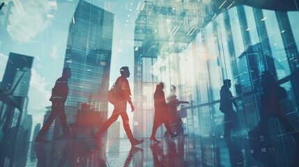 Group of business people walking in an office building with glass walls, with a double exposure effect.