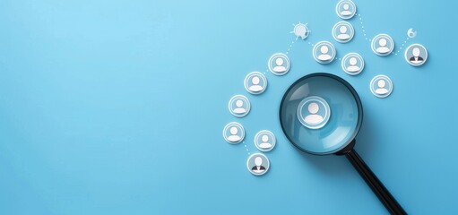 Photo of a magnifying glass over target audience icons on a blue background, showing a customer profile concept for business and marketing planning