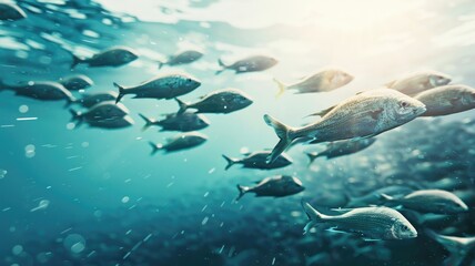 School of fish swimming in blue ocean with sun rays penetrating water