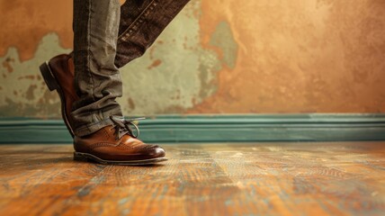 Person in jeans with brown leather shoes stepping forward on wooden floor rustic background