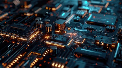 Obraz premium Close-up of complex circuit board with illuminated data pathways