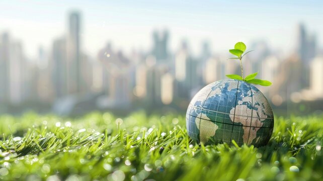 Globe with plant sprouting on grass against cityscape